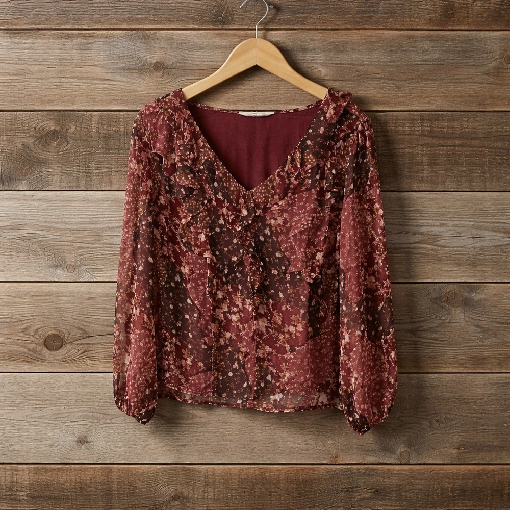 LC Lauren Conrad XXL PolyesterMauve and Brown Floral Ruffle V-Neck Blouse